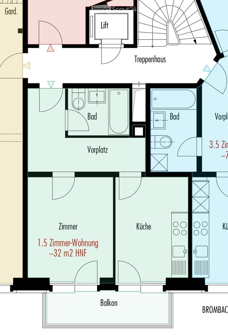Floor plan of a 1.5-room apartment with a kitchen, two bathrooms, hallway, and balcony.