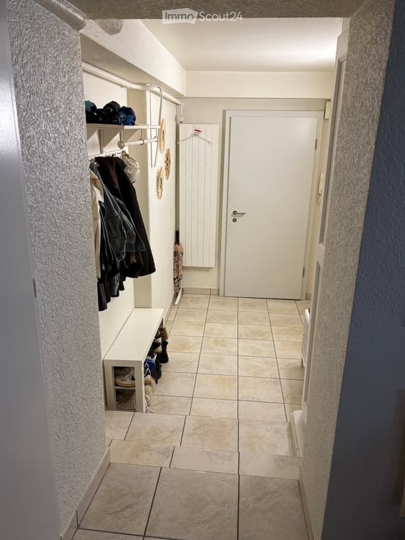 A narrow hallway with tiled flooring, white walls, and built-in storage shelves holding shoes and coats. A closed white door is visible at the end of the hallway.
