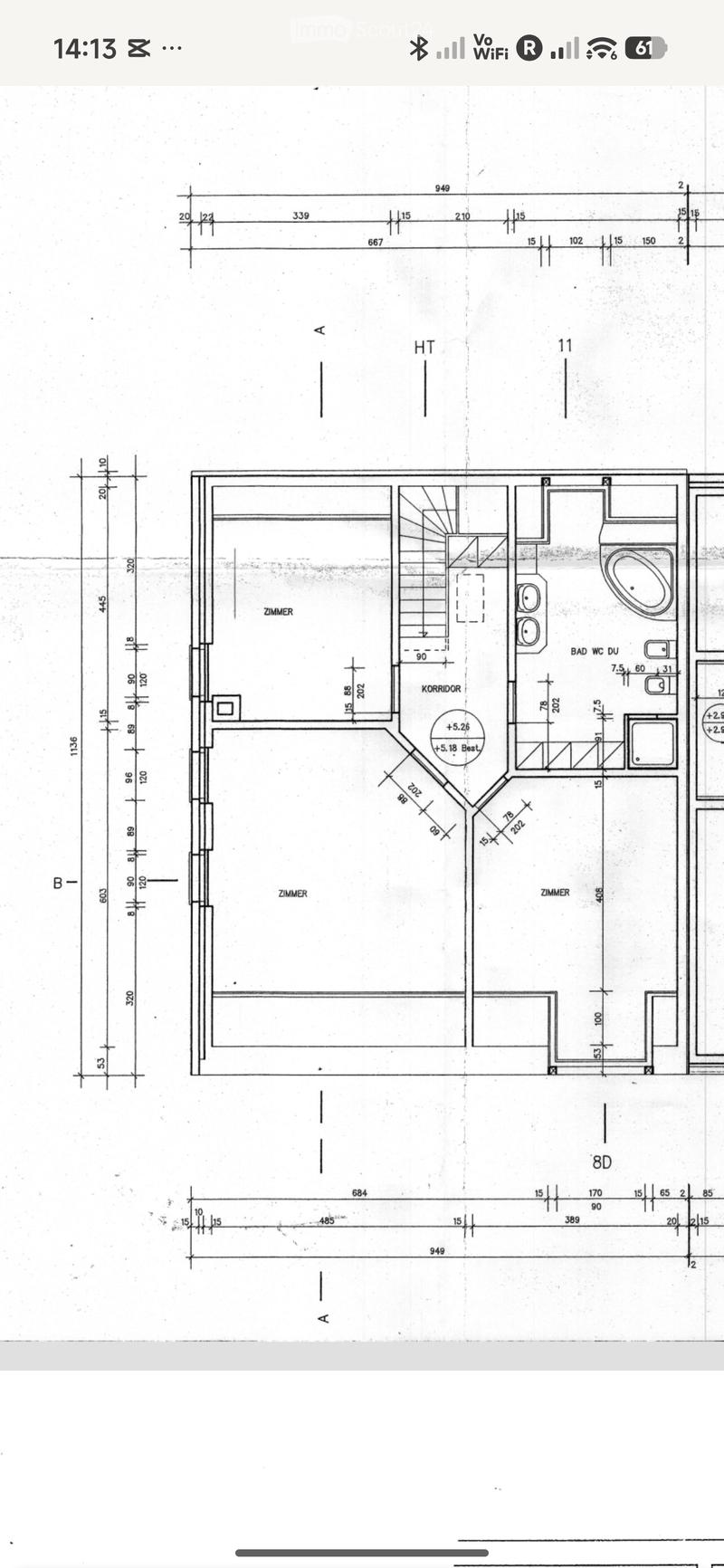 Floor plan showing three rooms, a corridor, and a bathroom with labeled dimensions and sections.