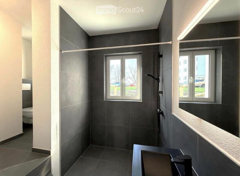 Modern bathroom with dark grey tiles, a large window, a shower area, and a sink with a mirror above it.