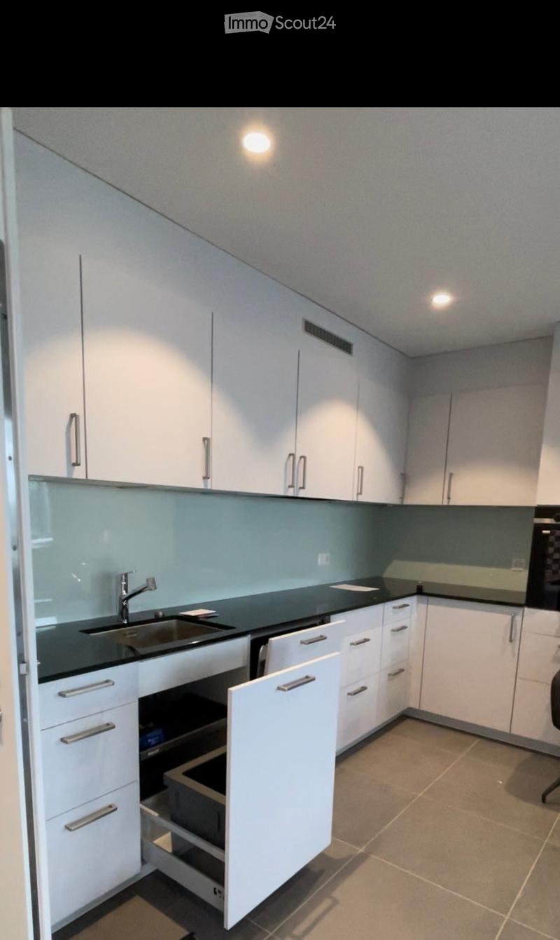 Modern kitchen with white cabinets, black countertops, and a stainless steel sink.