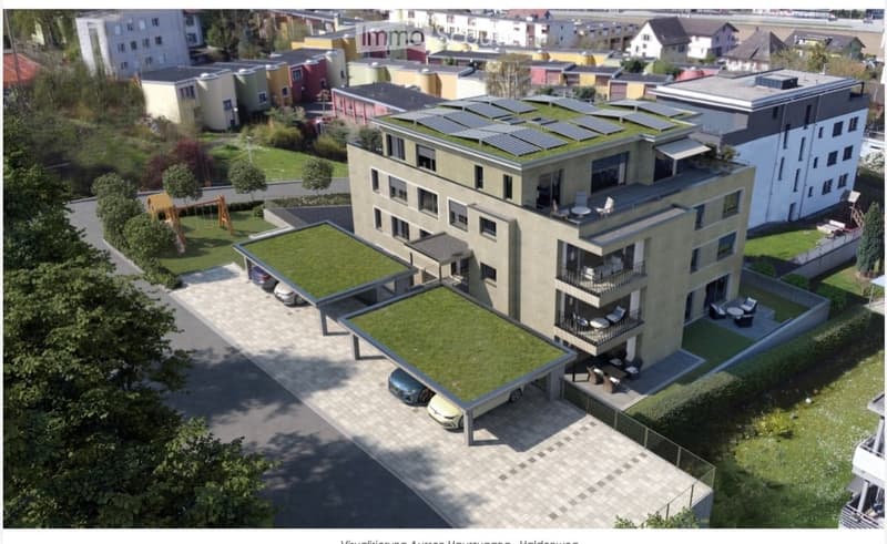 Modern multi-story residential building with green roofs, balconies, and a covered parking area.