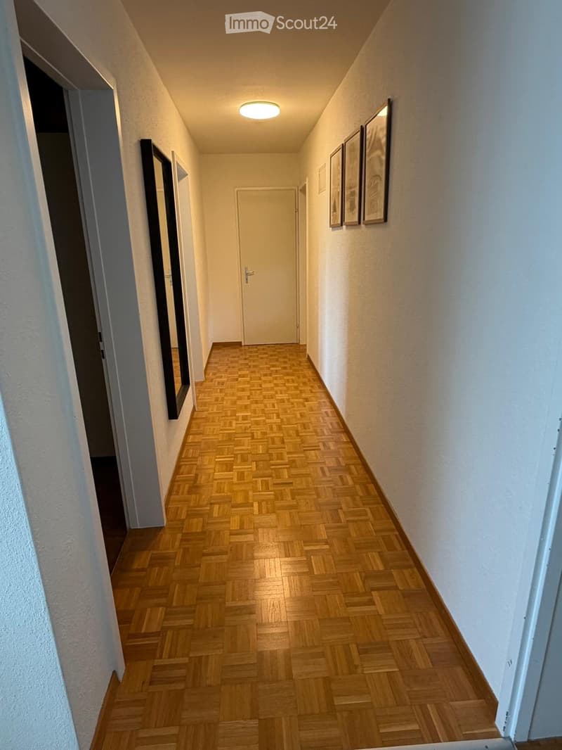 A narrow hallway with wooden herringbone flooring, white walls, and a single closed door at the end. There are framed pictures on the right wall and a mirror on the left wall.