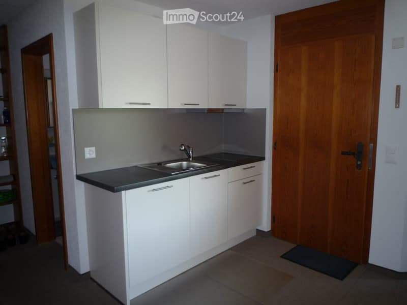 modern kitchen with white cabinets, black countertops, stainless steel sink, faucet, power outlet, and a wooden door