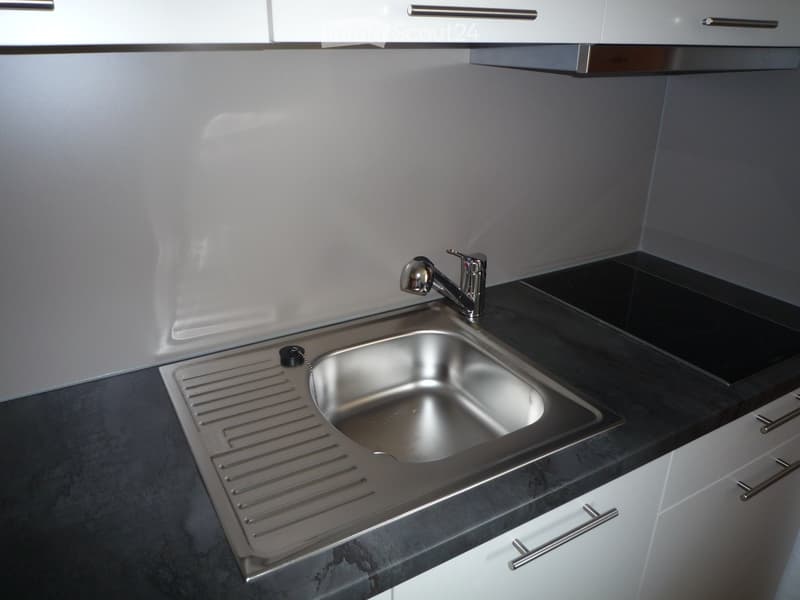 modern kitchen with stainless steel sink, faucet, and black induction cooktop