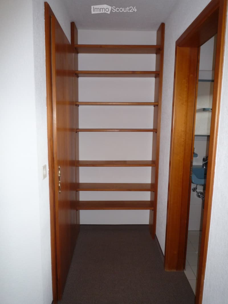 Empty room with wooden shelves, brown carpet, white walls, open door, power outlet