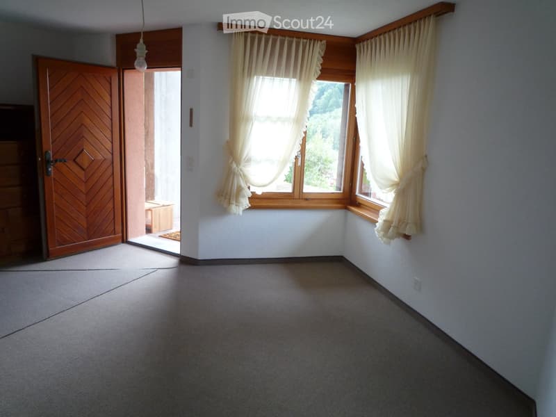 empty room, wooden door, carpeted floor, two windows with curtains, wooden window sills, power outlet