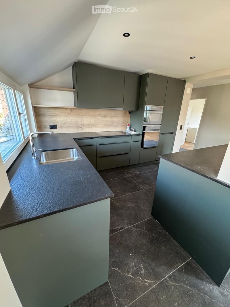 Modern kitchen with dark grey cabinets, black countertops, stainless steel sink, and built-in appliances.