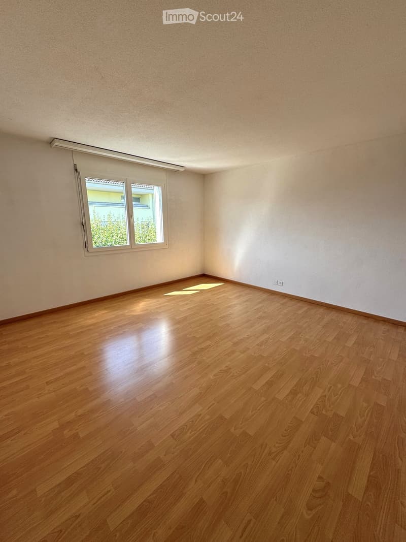 Empty room with wooden flooring and white walls, featuring a single window with blinds and a small light fixture on the ceiling.