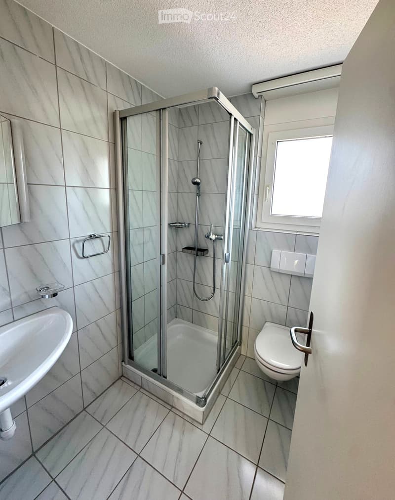 Modern bathroom with a white tiled shower stall, a toilet, a sink, and a towel rack.