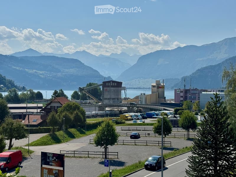Industrial area with warehouses, parking lot, and distant mountains.