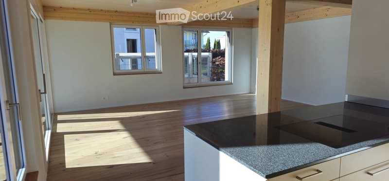 Unfurnished Room. Bright, empty room with wooden flooring, white walls, large windows, and a modern kitchen counter visible in the foreground.