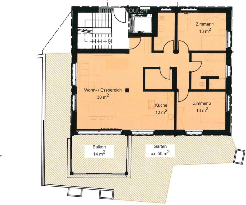 Floor Plan. Floor plan showing a living/dining area, kitchen, two bedrooms, balcony, and garden.