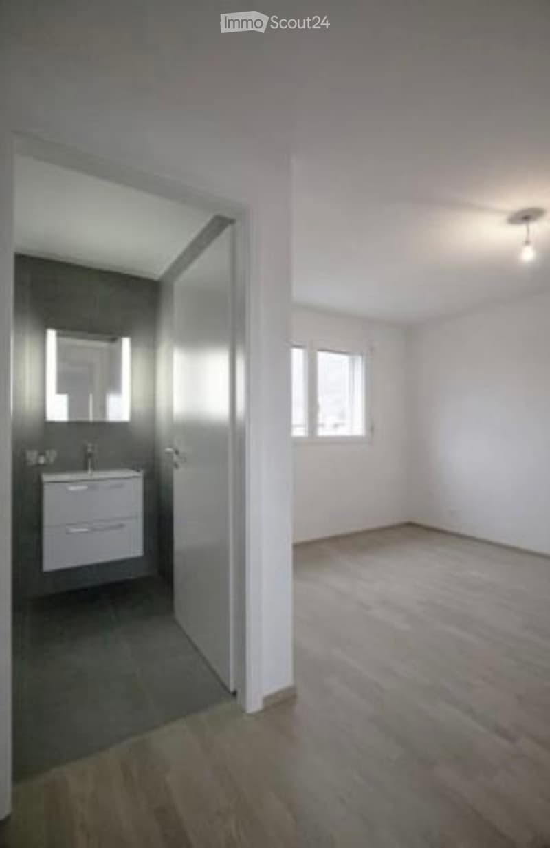 Empty room with wooden flooring and white walls, connected to a small bathroom with a sink and mirror.