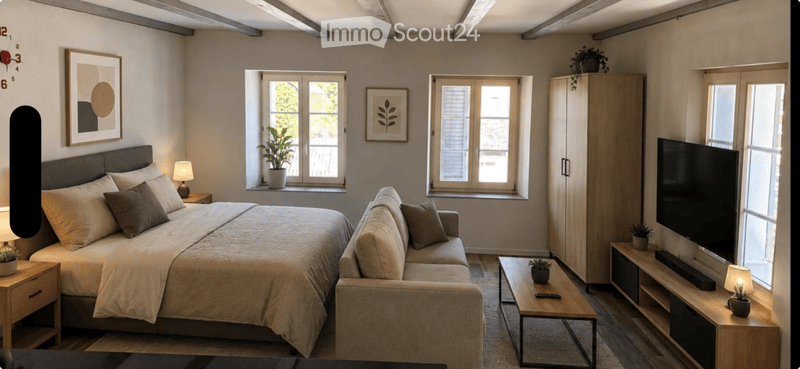 A modern, well-lit bedroom with a large bed, sofa, coffee table, nightstand, lamp, cabinet, television, picture frames, and plants.