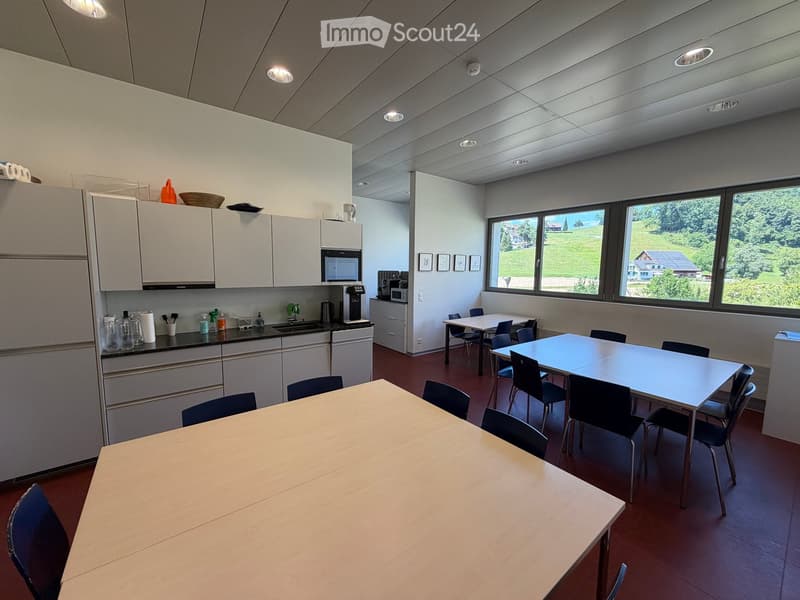 Bright, modern kitchen and dining area with white cabinets, stainless steel appliances, and large windows overlooking a green landscape. Includes multiple tables and chairs for seating.