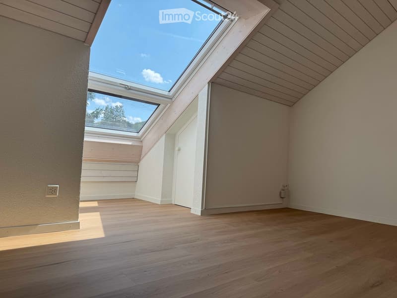 Empty attic room with wooden flooring, white walls, and skylight windows allowing natural light.