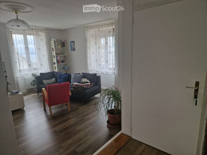 Living room with wooden flooring, large windows with white curtains, a dark blue sofa with pillows, a red wooden chair, a potted plant, and a bookshelf.