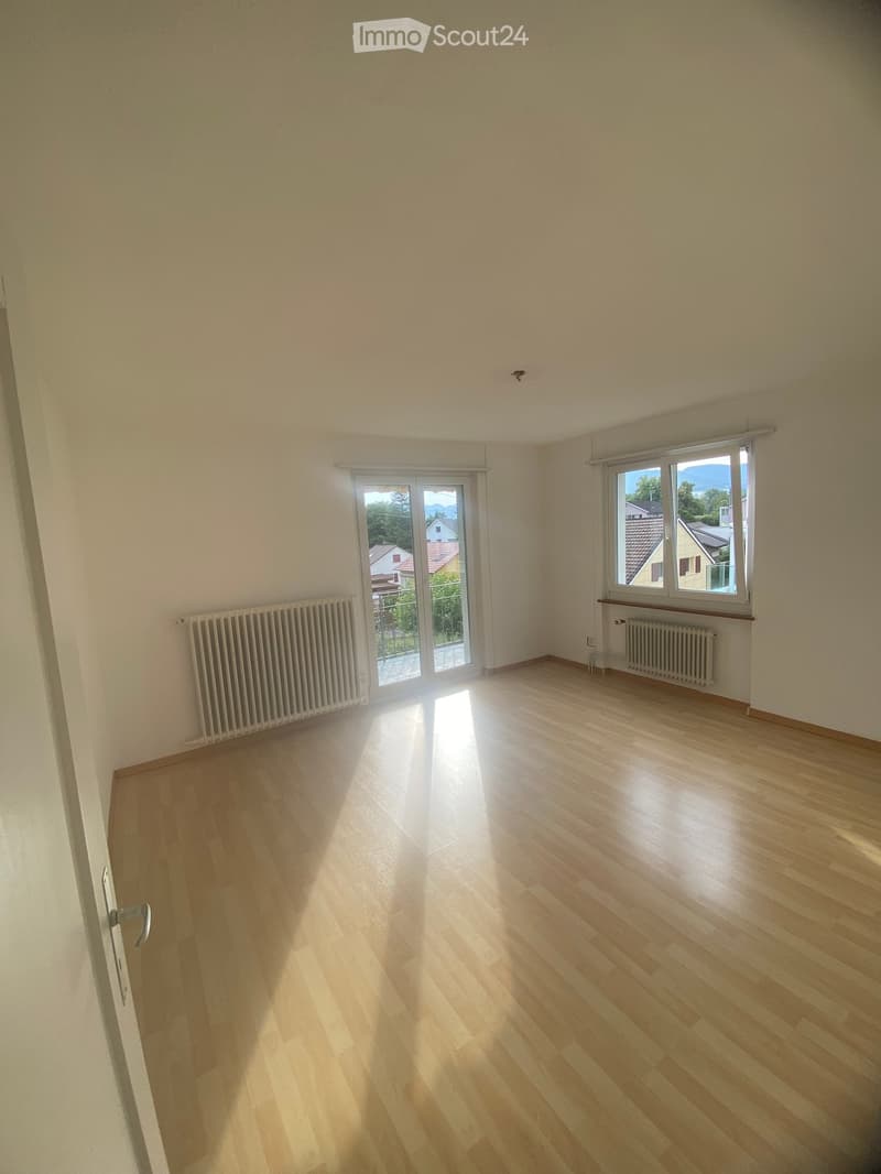 Empty room with light wooden flooring, white walls, and large windows with blinds. Radiators are visible on both sides of the room.