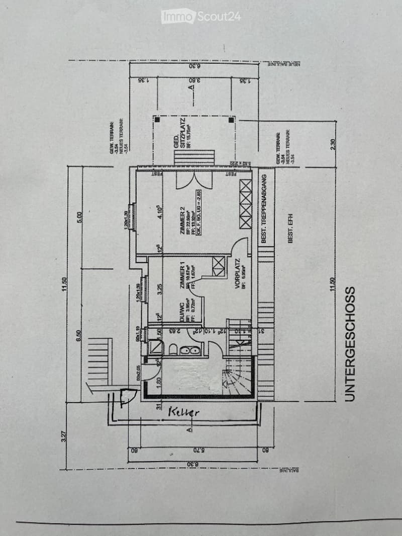 Floor plan of a multi-room space including a kitchen, two bedrooms, a living area, and a hallway.