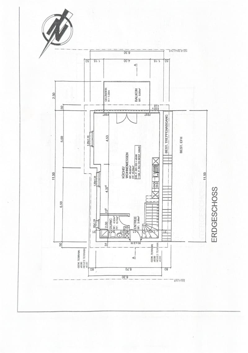 Floor plan of a residential building showing a kitchen, living room, entrance, balcony, and staircase.
