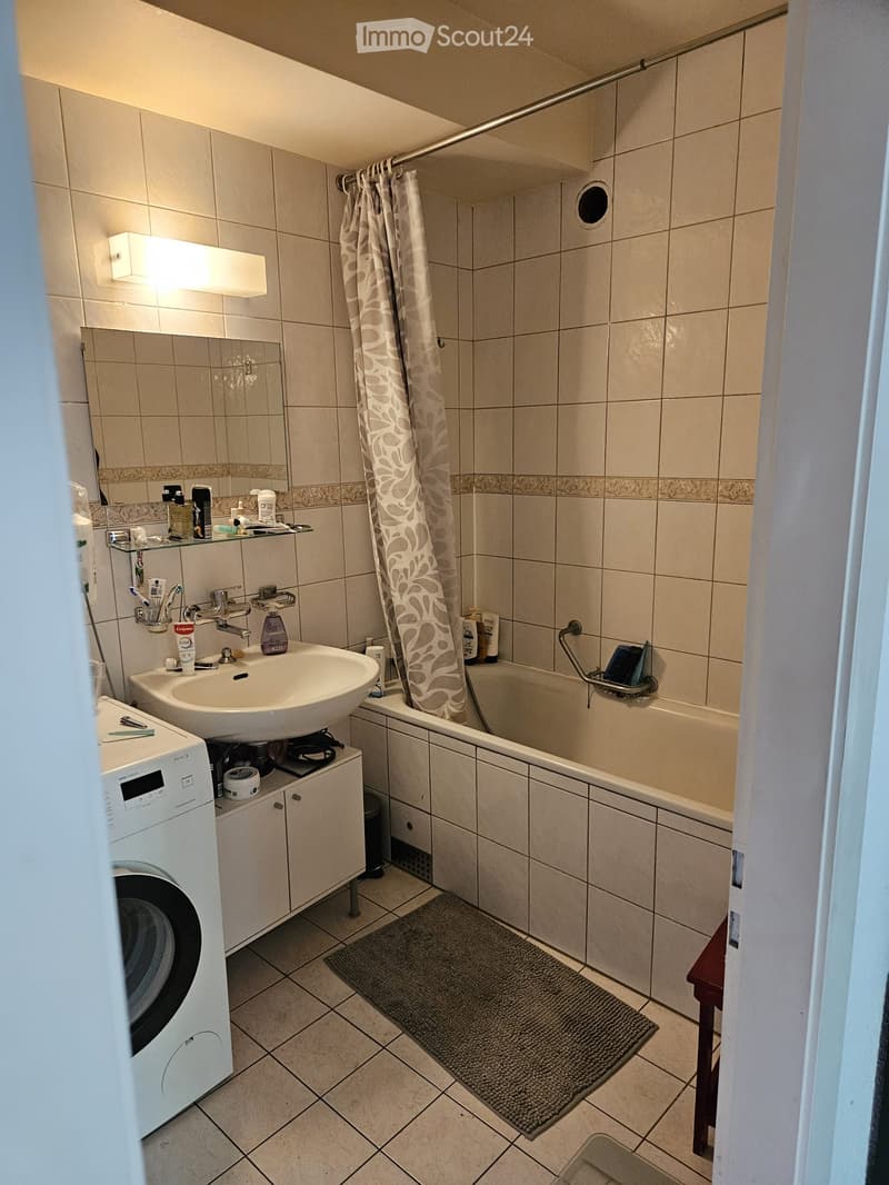 Bathroom with a sink, bathtub, mirror, washing machine, and various toiletries. The space features tiled walls and a grey bath mat on the floor.