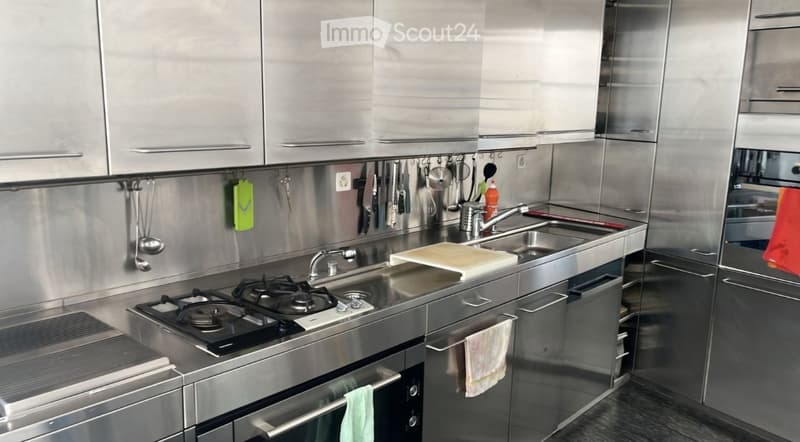 Modern stainless steel kitchen with a gas stove, oven, sink, and various utensils hanging on the wall.