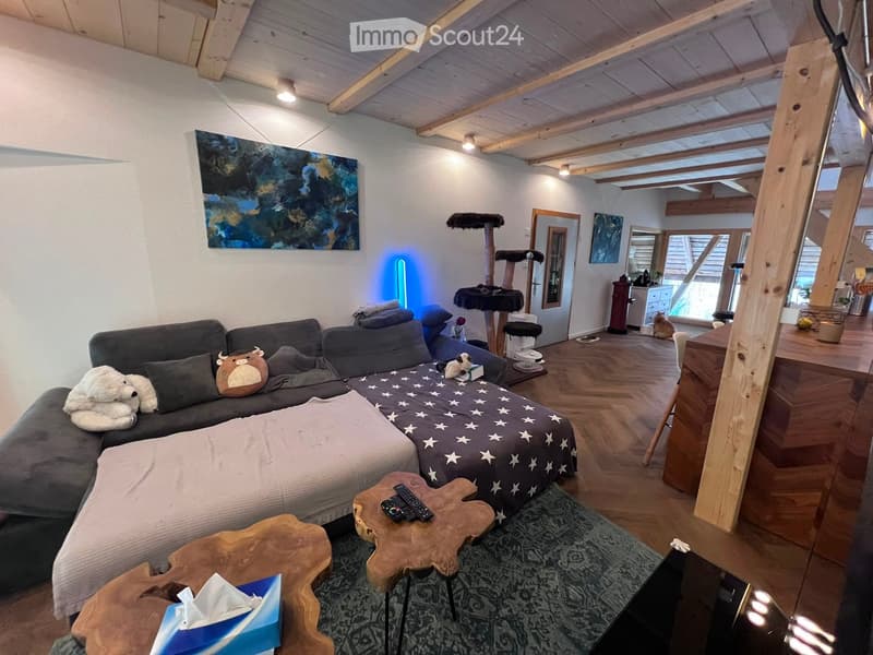 Cozy living room with exposed wooden beams, a grey sofa with pillows, a wooden coffee table, a cat tree, and a bed with a starry-patterned blanket.