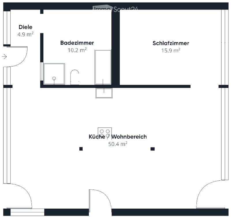 Floor plan of a 2-room apartment with a kitchen/living area (50.4 m²), bedroom (15.9 m²), bathroom (10.2 m²), and hallway (4.9 m²).