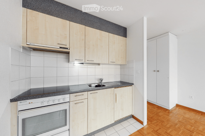 Modern kitchen with light wood cabinets, white tiled backsplash, and a stainless steel sink. Features an oven, countertop, and built-in cabinets.