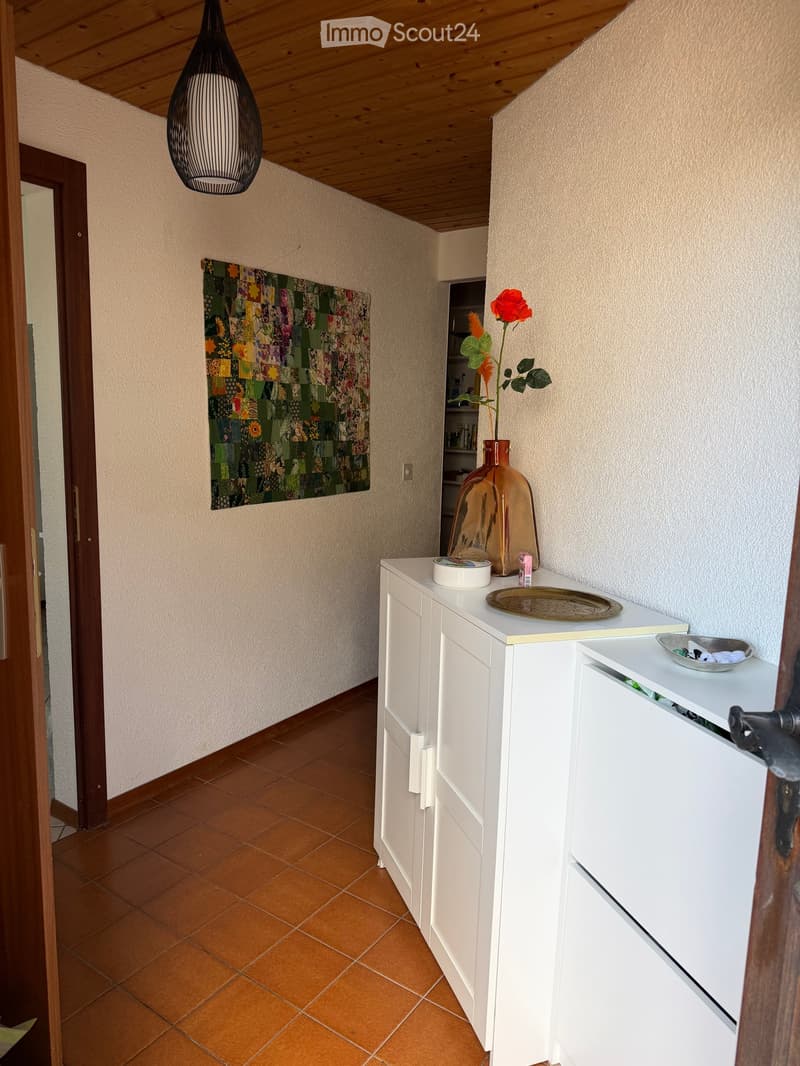 Hallway with tiled floor, white cabinet, vase with flower, and decorative plate on top.