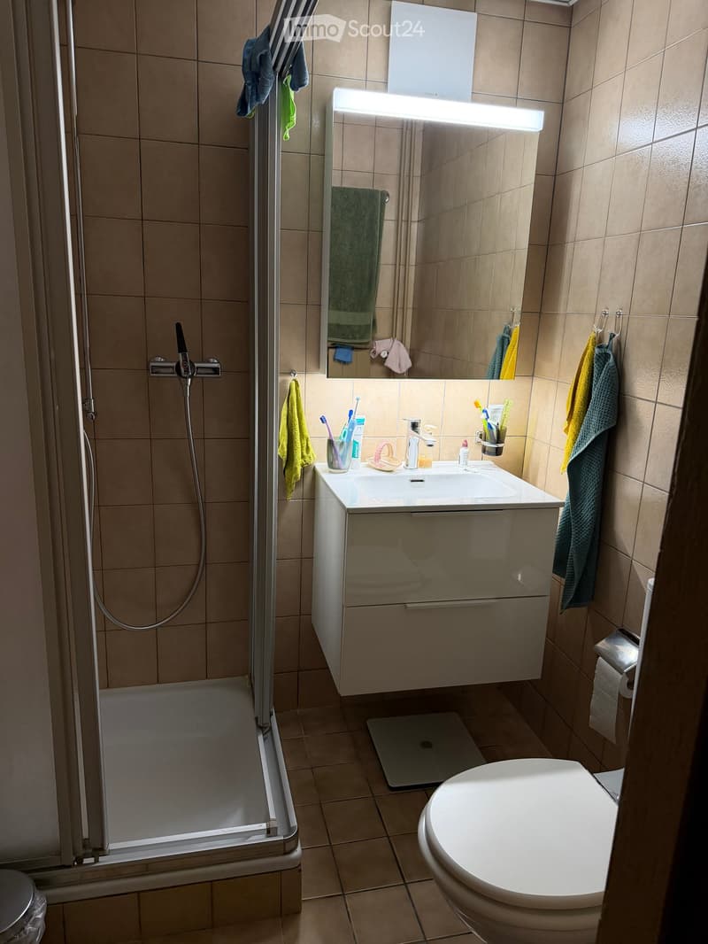 Modern bathroom with beige tiles, a white sink with a mirror, a toilet, a shower, and towels hanging on the walls.