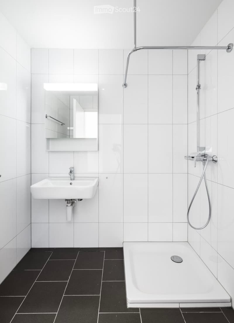 Modern bathroom with white tiles, black floor tiles, a white sink with a mirror, a bathtub, and a showerhead with a handheld hose.