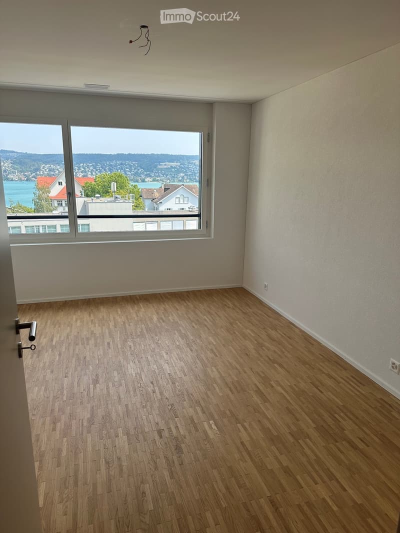 Empty room with wooden flooring, large window offering a scenic view, and neutral-colored walls.