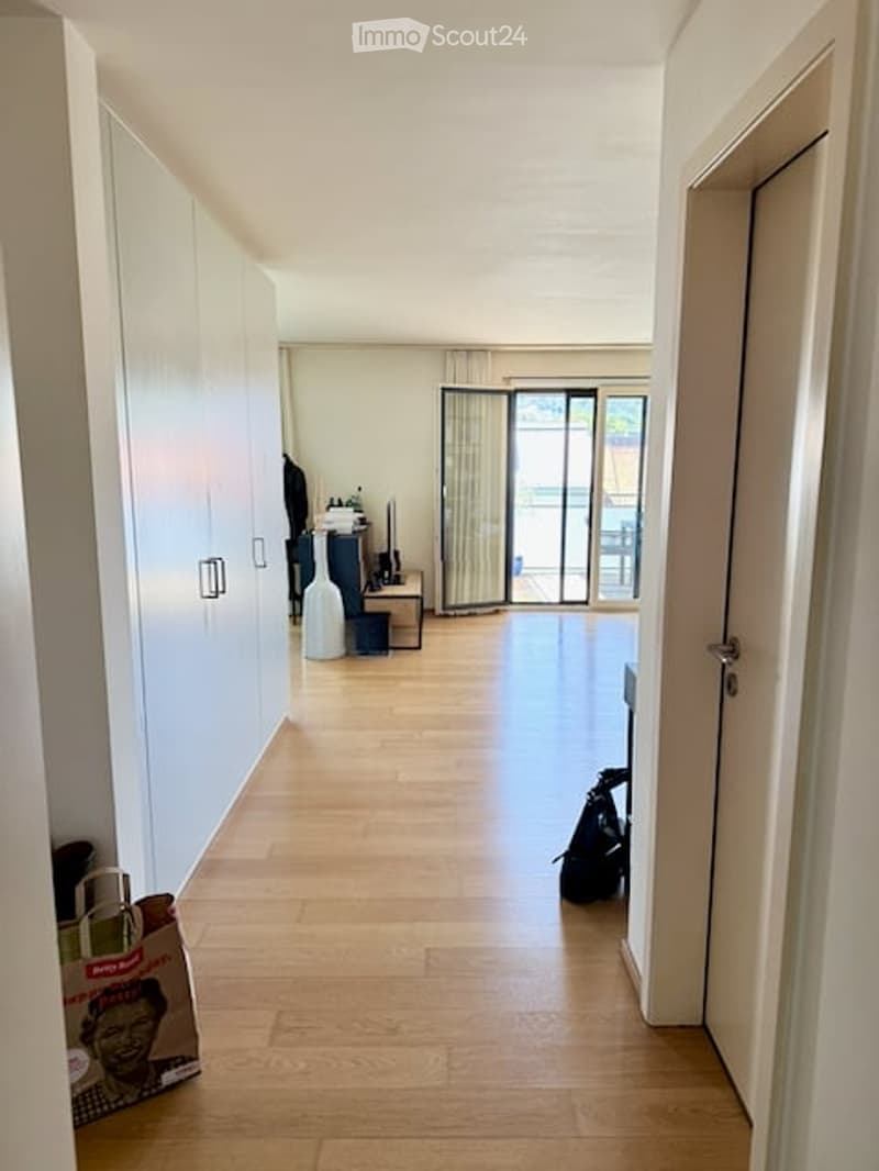 Bright hallway with wooden flooring, white walls, built-in wardrobes, and a sliding glass door leading to a balcony or outdoor area.
