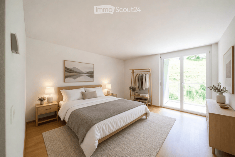 Modern bedroom with a large bed, nightstands, lamps, artwork, clothing rack, and plants.