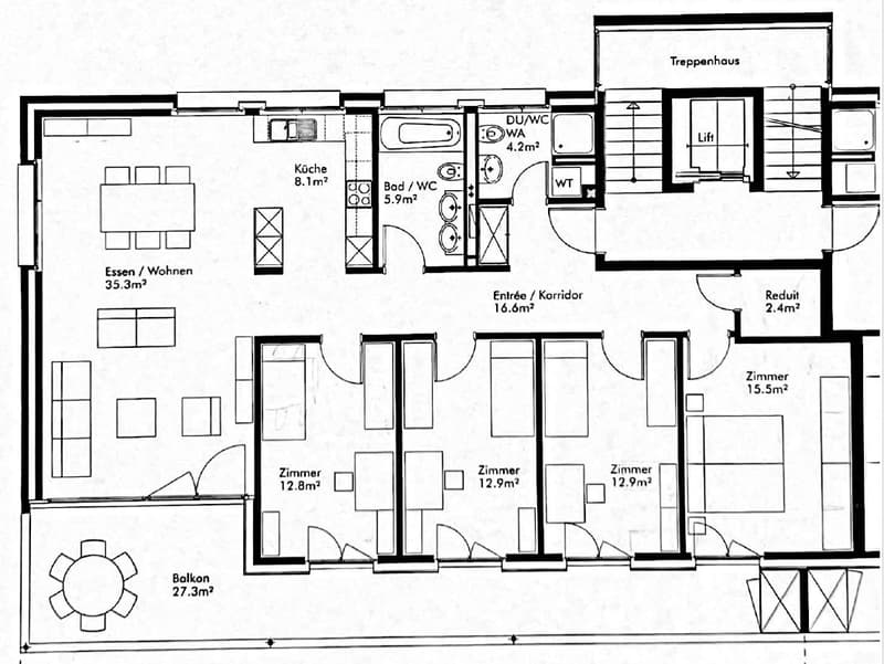 Floor plan showing a multi-room layout including a kitchen, living/dining area, three bedrooms, a bathroom, a balcony, a staircase, and a lift.