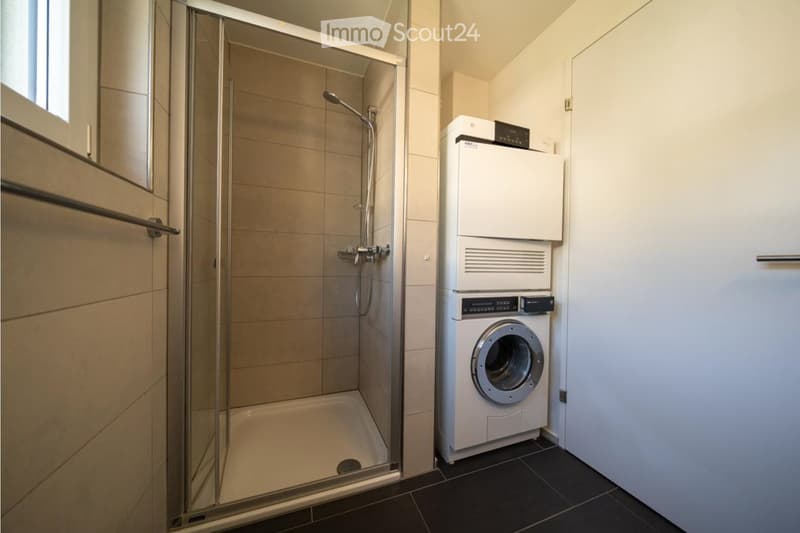 Modern bathroom with a glass-enclosed shower and a stacked washer/dryer unit.