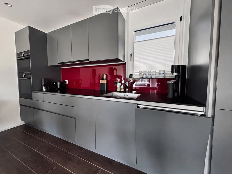 Modern kitchen with grey cabinets, dark countertops, stainless steel appliances, and a red backsplash. Features include a refrigerator, oven, sink, coffee maker, and various kitchen items on the counter.