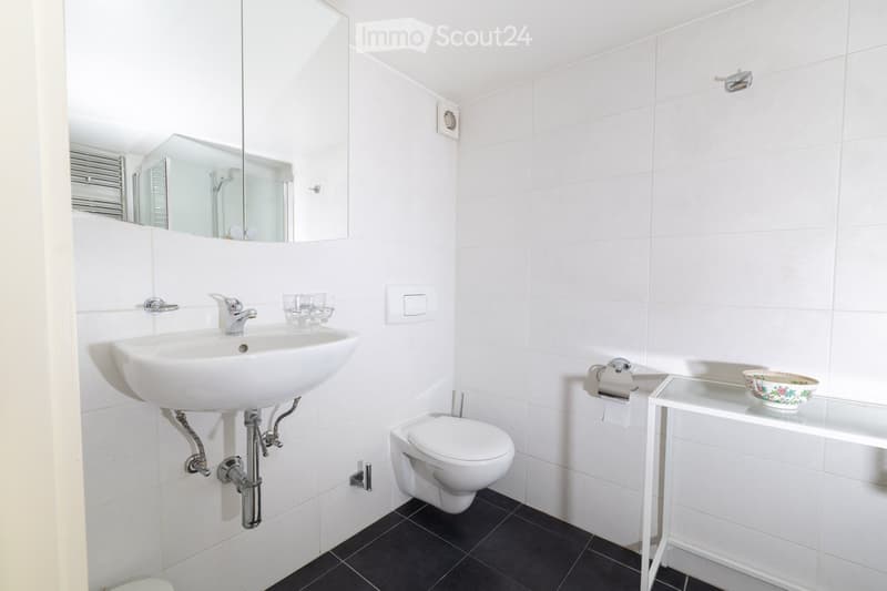 Modern bathroom with white tiles, black floor, sink, toilet, mirror, and small table with a decorative bowl.