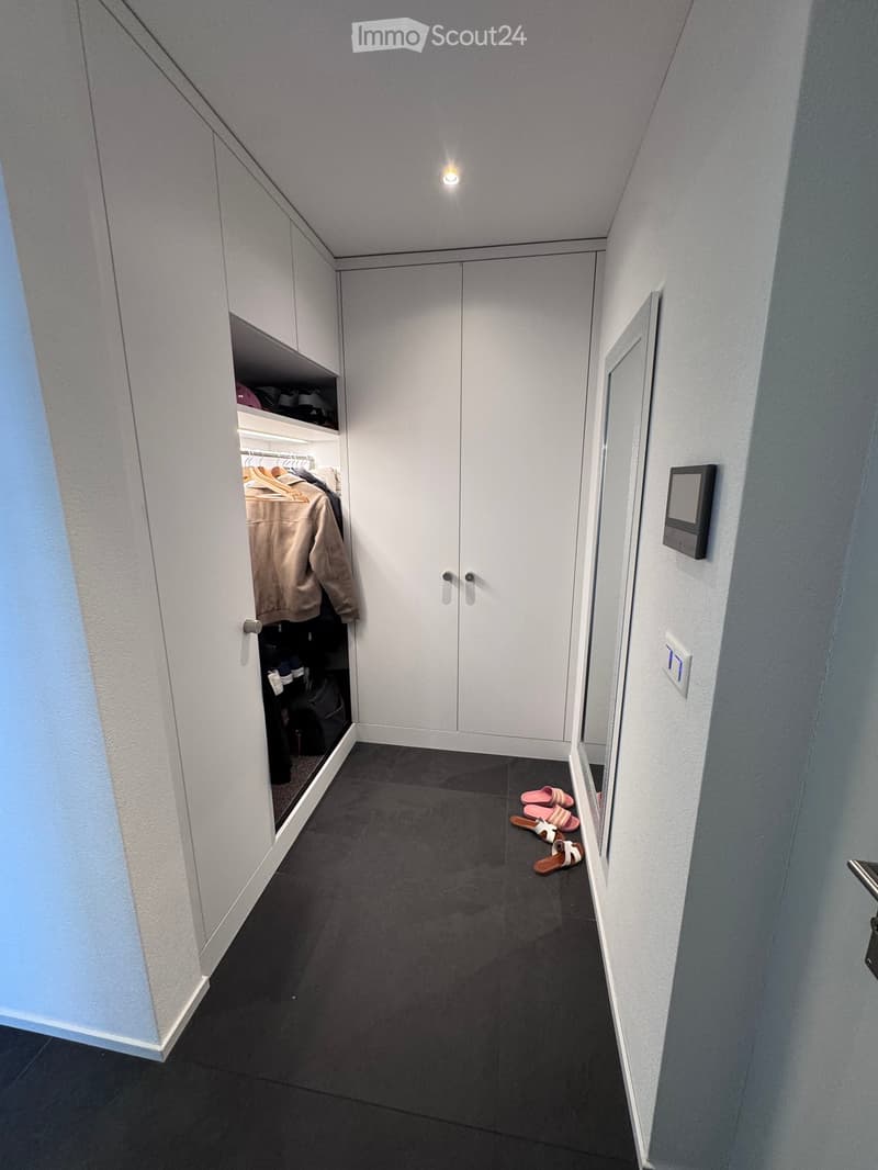 Modern hallway with white built-in wardrobes, dark tiled floor, and a few pairs of shoes placed near the wall.