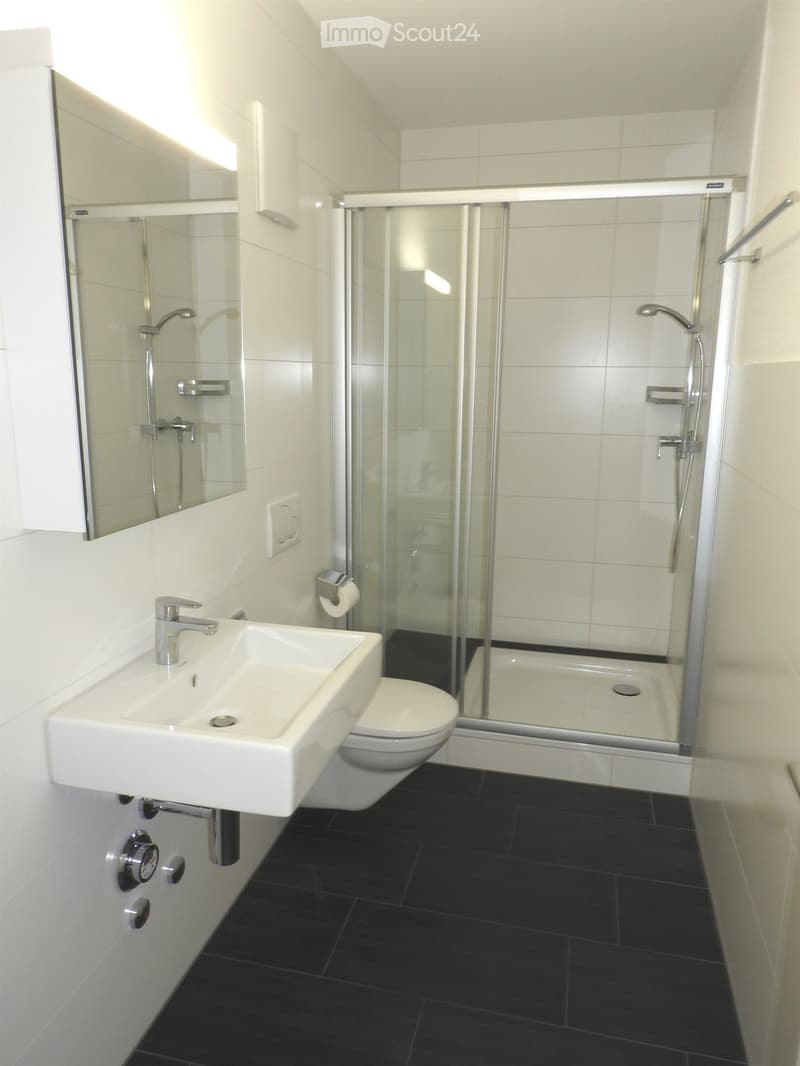 Modern bathroom with white tiles, black floor, glass-enclosed shower, sink, toilet, and mirror.
