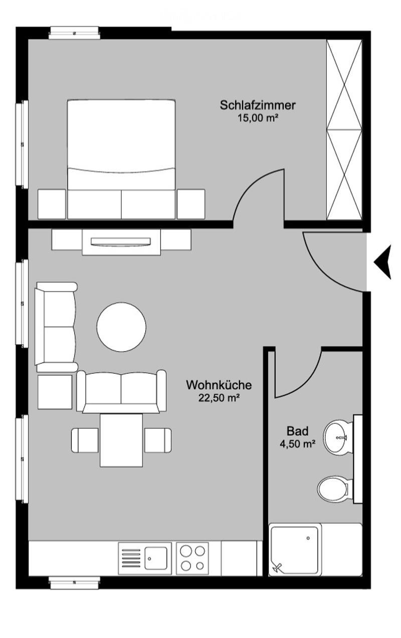 Floor plan of a 3-room apartment including a bedroom (15.00 m²), a living kitchen (22.50 m²), and a bathroom (4.50 m²).