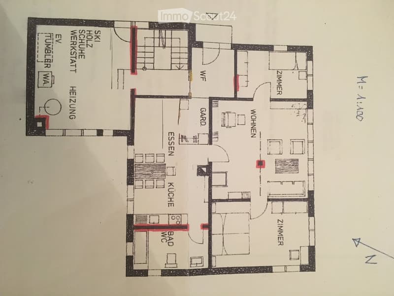 Floor plan showing a residential layout with rooms labeled: kitchen, dining area, living area, bedrooms, bathroom, and utility area.