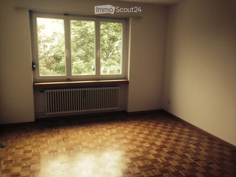 Empty room with wooden parquet flooring, large window with white frame, radiator below the window, and plain walls.