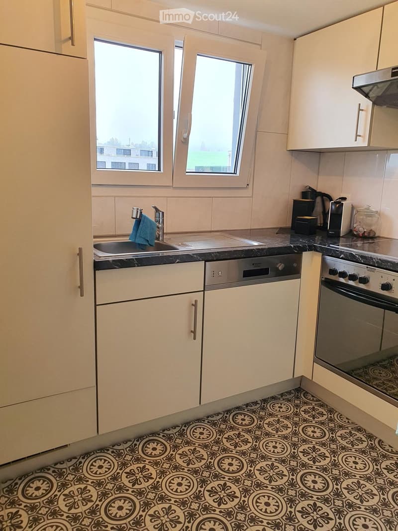 Modern kitchen with white cabinets, stainless steel appliances, and a black countertop. Features a sink with a faucet, a dishwasher, an oven, and a coffee maker on the counter. The floor has a decorative black and white floral tile pattern.