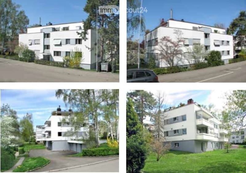 Four images of a modern, white multi-story apartment building with balconies, surrounded by greenery and trees. The building features clean lines, large windows, and is situated in a residential area with paved roads and landscaped surroundings.