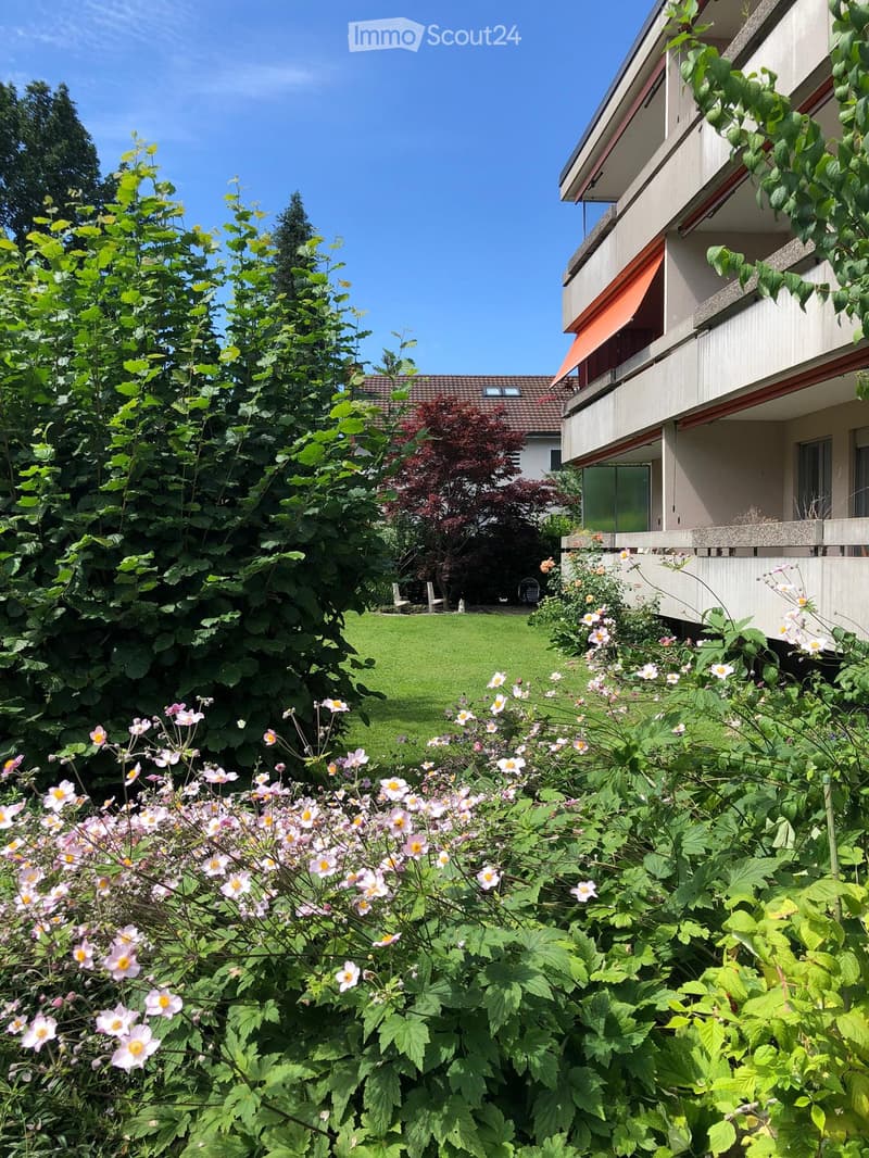 A well-maintained garden with a variety of flowering plants, a neatly trimmed lawn, and a modern building with balconies in the background.