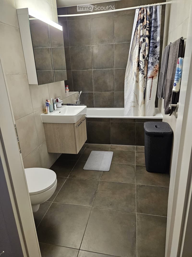 Modern bathroom with a toilet, sink, bathtub, and mirror. Features a grey tiled floor and walls, a wooden bathroom cabinet, and a black trash bin.