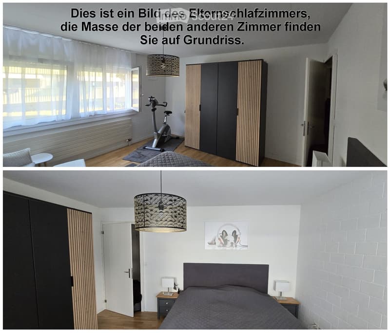 Modern bedroom with a large bed, nightstands, lamps, a wardrobe, an exercise bike, and a picture frame on the wall.